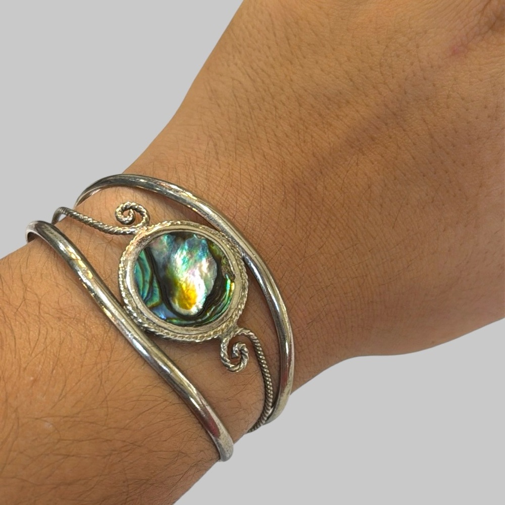 ABALONE ALPACA SHELL 925 MEXICO SILVER METAL CUFF BRACELET